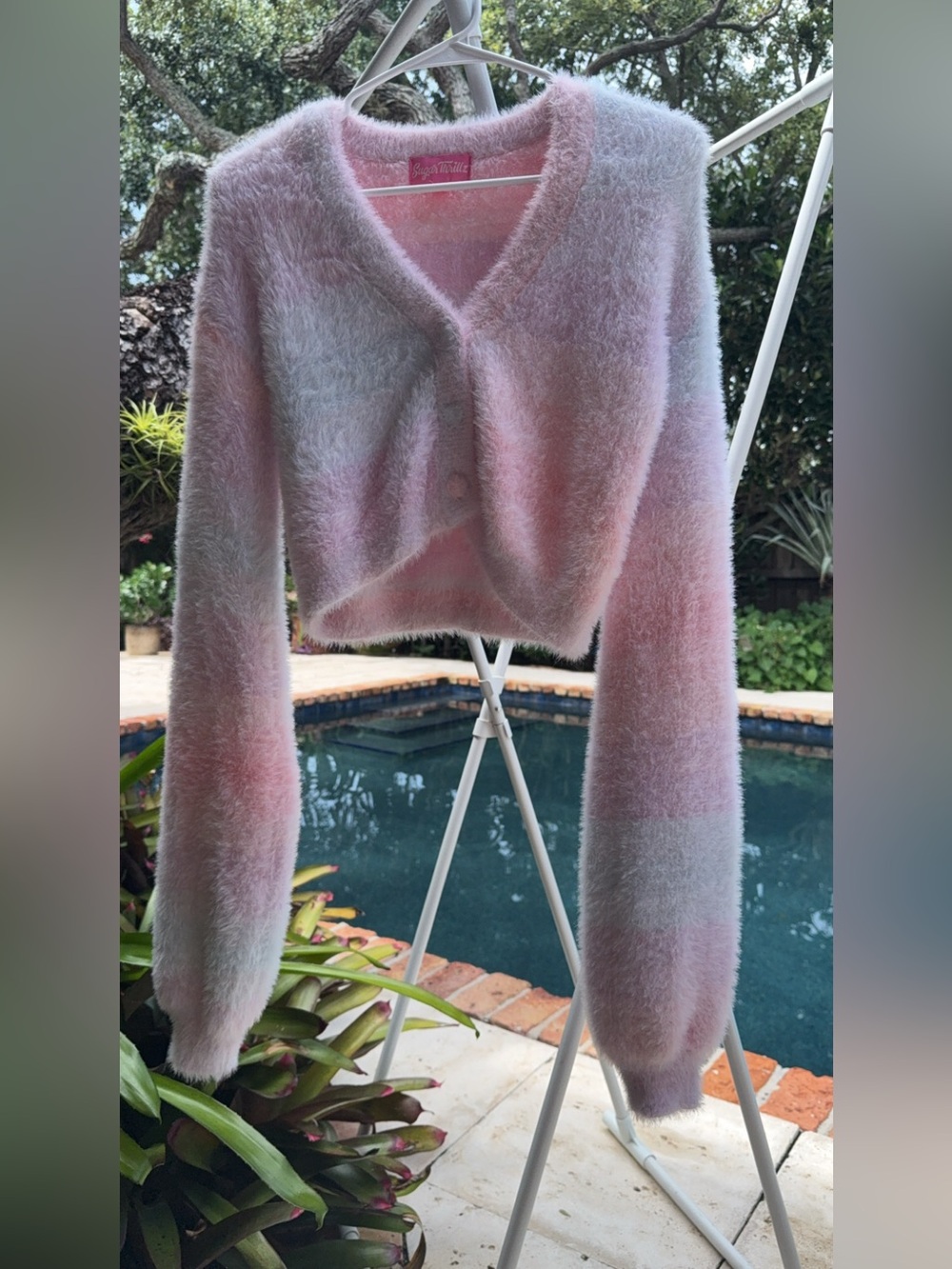 Sugar THRILLZ Fuzzy Pastel Pink & White V-Neck Cropped Sweater